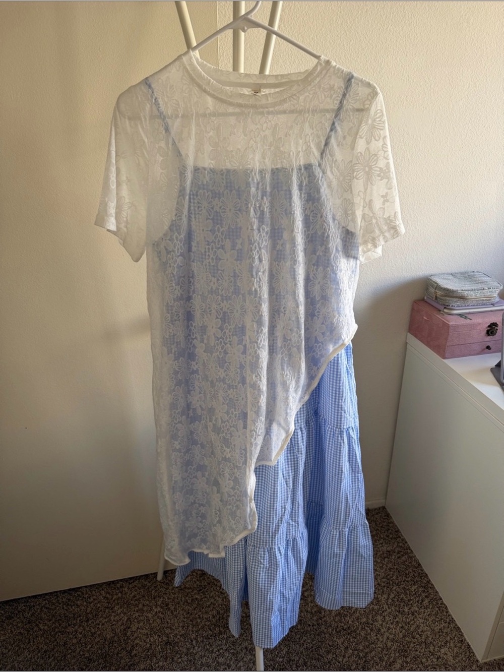 Blue Gingham Slip Dress with White Lace Overlay